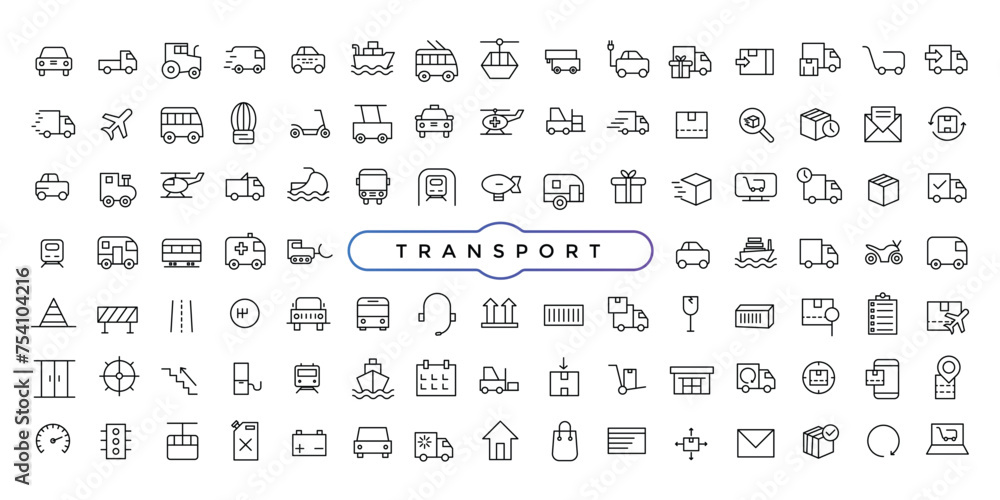 Transport Related Line Icons Set. Contains such Icons as Taxi, Train, Tram, Express Delivery, Tracking and more.