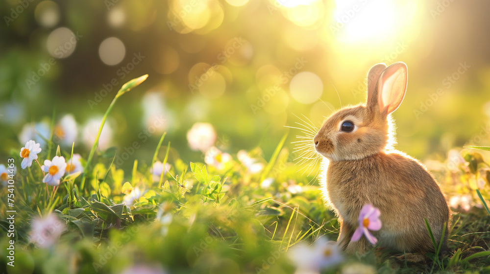 Rabbits. Beauty Art Design of Cute Little Easter Bunny in the Meadow. Spring Flowers and Green Grass. Sunbeams. Rabbits. Beauty Art Design of Cute Little Easter Bunny in the Meadow. Spring Flowers and Green Grass. Sunbeams.
