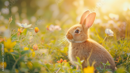 Rabbits. Beauty Art Design of Cute Little Easter Bunny in the Meadow. Spring Flowers and Green Grass. Sunbeams.