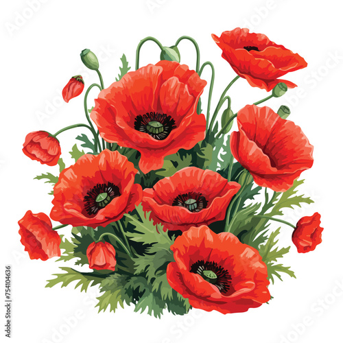 A cluster of poppies in a field. Vector clipart.