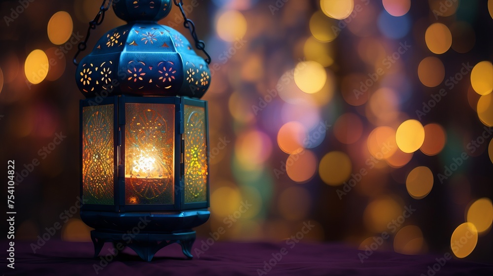 Mesmerizing ramadan lantern illuminated with enchanting bokeh lights - cultural and religious symbolism
