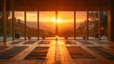 A serene yoga studio at sunrise