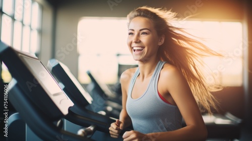 A happy smiling Beautiful young woman exercising, running on a treadmill, doing exercises in the gym. Sports, Fitness, Workouts, Healthy lifestyle concepts. © liliyabatyrova