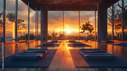 A serene yoga studio at sunrise, embodying health and wellness
