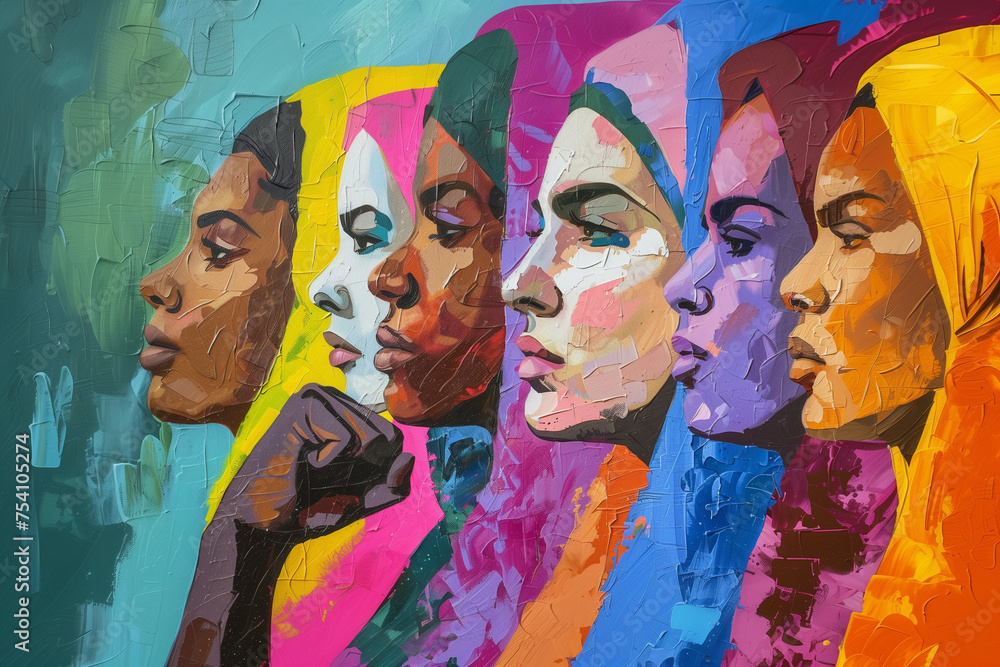 group of strong women side view powerful in colorful headscarves impressionist art style 