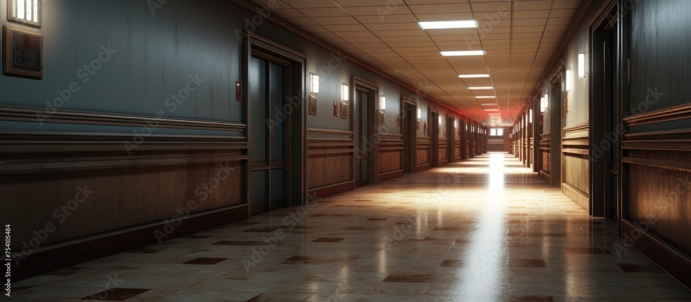 A long corridor in a hospital with multiple doors on either side leading to different rooms. The hallway is well lit, and the doors appear closed. A long corridor in a hospital with multiple doors on either side leading to different rooms. The hallway is well lit, and the doors appear closed.