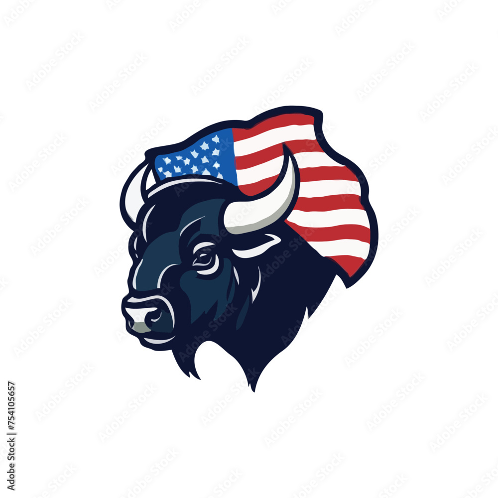 Creative American Bison vector logo design. Wild buffalo bull and American Flag. bison mascot illustration logo design