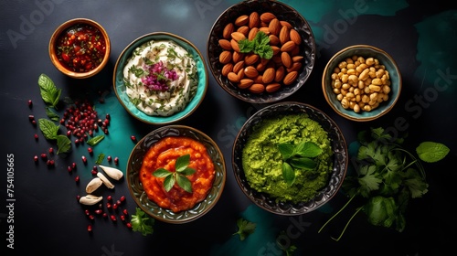Vibrant ramadan feast: assorted arabic delicacies with fresh mint and almonds - cultural culinary spread for festive celebrations

 photo