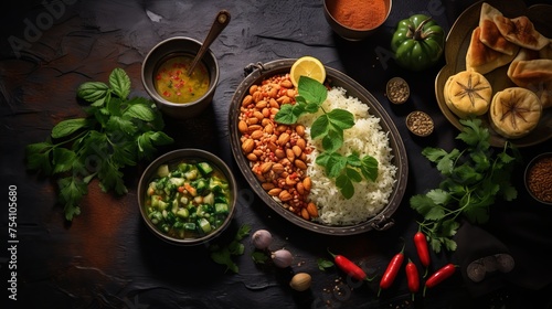 Vibrant spread of authentic arabic cuisine with fresh mint and almonds, perfect for ramadan celebrations