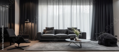 A living room with minimalist furniture and a large window covered with black curtains and tulle. The room is furnished with comfortable chairs ideal for watching TV. © Vusal