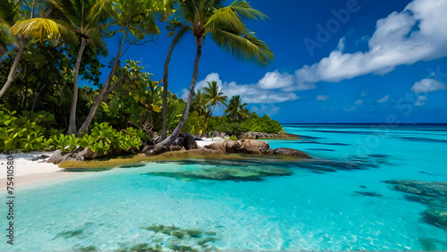 Tropical Paradise Crystal Clear Turquoise Waters, Lush Green Palm Trees. Beach Panorama with Blue Water and Palm Trees.