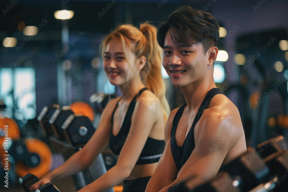 Young couple working out at gym. Attractive blonde woman and handsome muscular man are training together with dumbbells in modern gym
