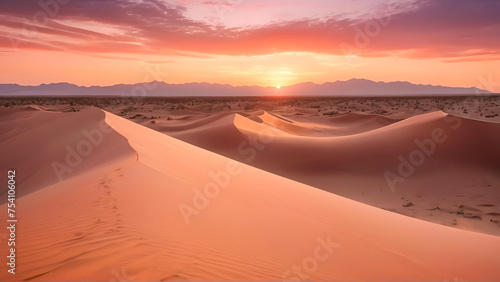Sunset Over Majestic Sand Dunes A Tranquil Desert Landscape Illuminated by Golden Hour Light  Desert Sunset.