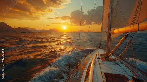 A sunset sailboat journey along the coast of a tropical island