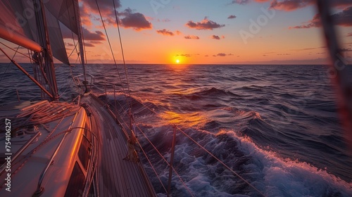 A sunset sailboat journey along the coast of a tropical island