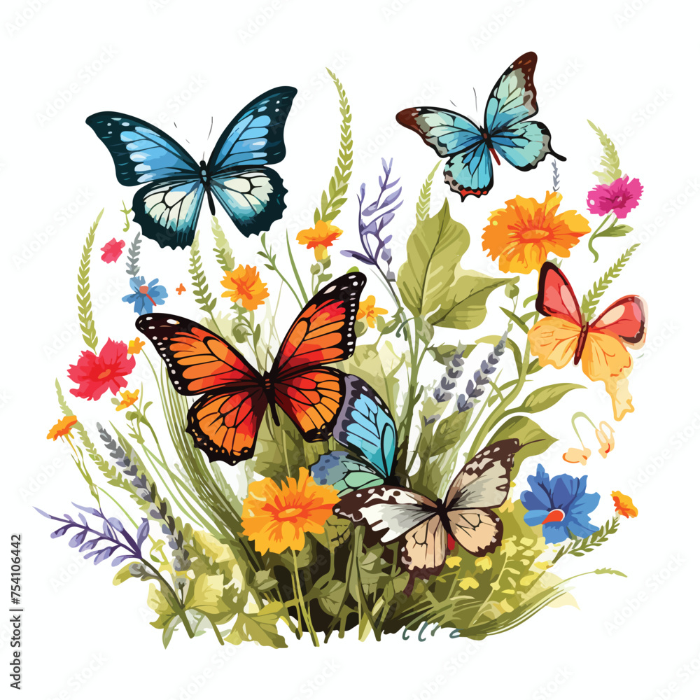 A colorful butterfly meadow. Vector clipart.