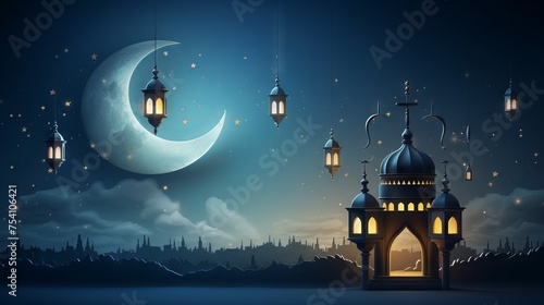 Eid mubarak greeting cards: celebrating eid-ul-adha and ramadan kareem with moonlit skies, lanterns, and doves - islamic festival culture and religion stock image

 photo