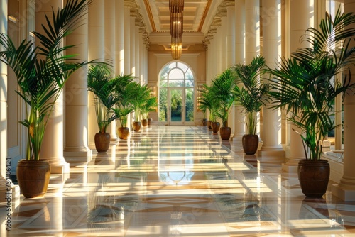 A grand hallway with high ceilings, polished marble floors, and a series of tall, architectural indoor plants  © Muhammad