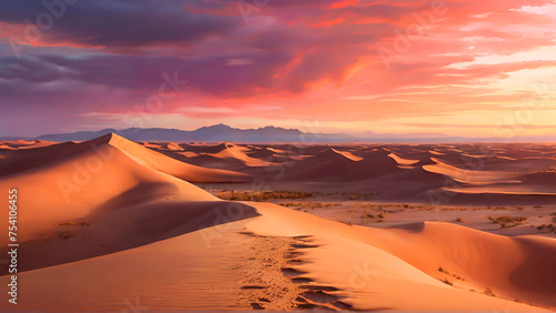 Sunset Over Desert. Golden Sand Dunes and Vibrant Sky A Beautiful and Peaceful Nature Scene. © spidygraphics