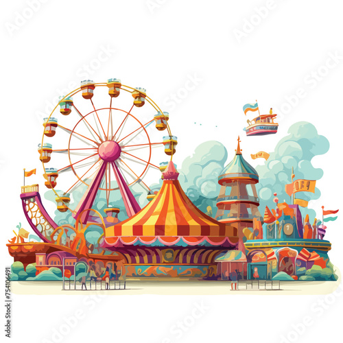 A colorful carnival with rides. Vector clipart.