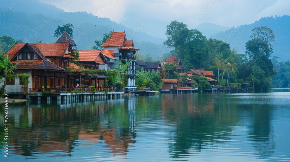 Obraz premium A tranquil lakeside village