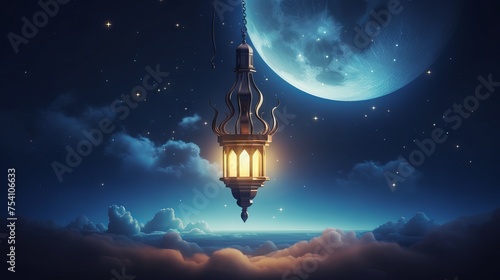 Eid mubarak: islamic greeting cards for eid-ul-adha and ramadan kareem, celebrating muslim holidays with crescent moon, lantern lighting, and festive atmosphere

 photo