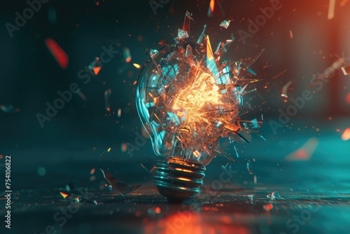 A 3D-rendered image of a light bulb shattering, with a holographic color explosion that looks futuristic and innovative. 8k