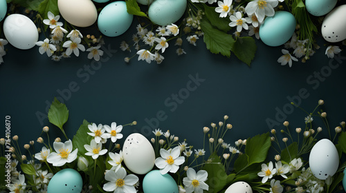 Easter eggs with decoration on a black background with copy space in the centre, Generative AI