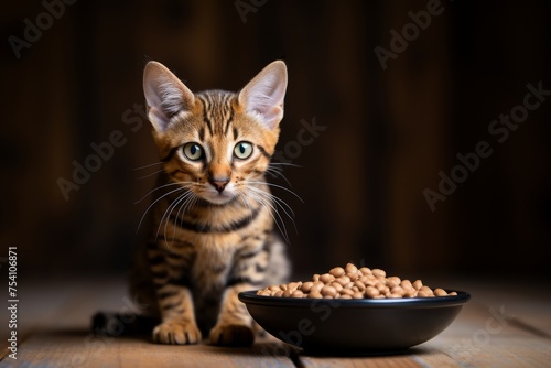 Adorable cat happily eating cat food from a bowl, lovingly provided by its attentive owner
