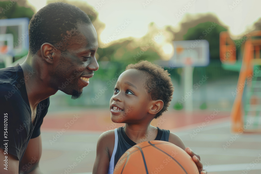 Young father with his son playing basketball on the court