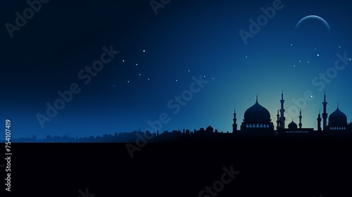 Serene ramadan eid wallpaper: crescent moon over mosque silhouette against night sky

