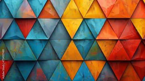 A vibrant geometric background featuring a mosaic of multicolored triangles