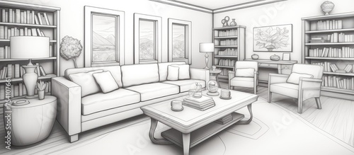 A detailed drawing showcasing a living room filled with various furniture pieces such as sofas, coffee tables, chairs, lamps, and rugs. The room is depicted in a realistic style,