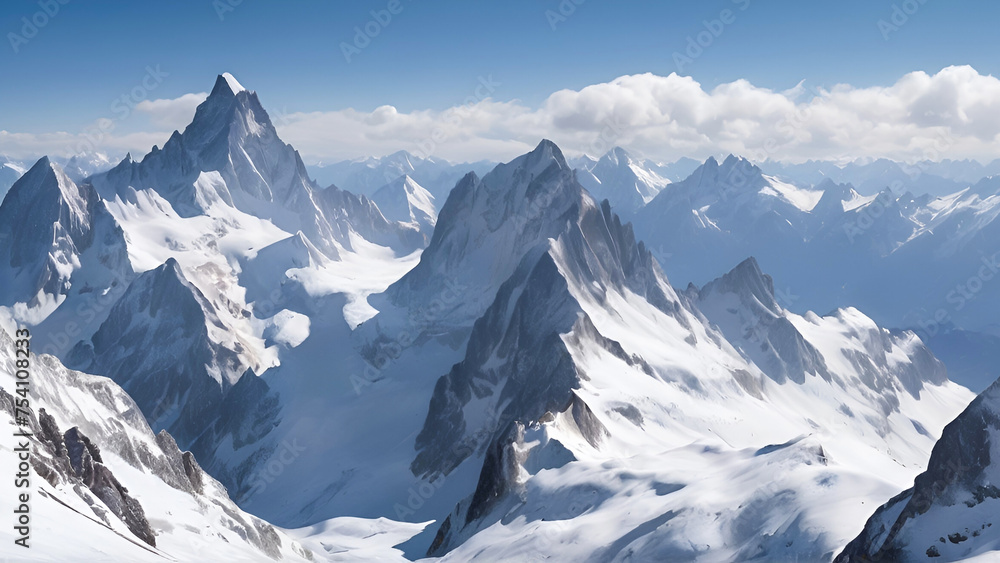 Obraz premium Breathtaking Panoramic View of Snow Capped Mountain Peaks Under a Clear Blue Sky