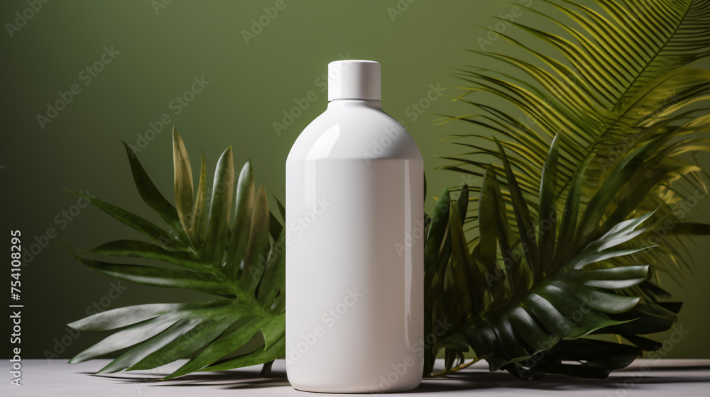 Plastic white container bottle in tropical background Plastic white container bottle in tropical background