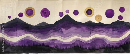 Mountain Painting With Purple and Gold Circles © Usman