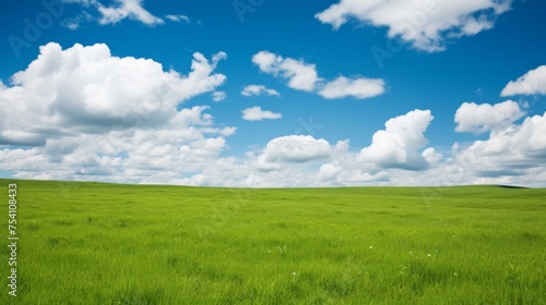 Scenic view of barren green plain and bright blue sky with white clouds  landscape composition