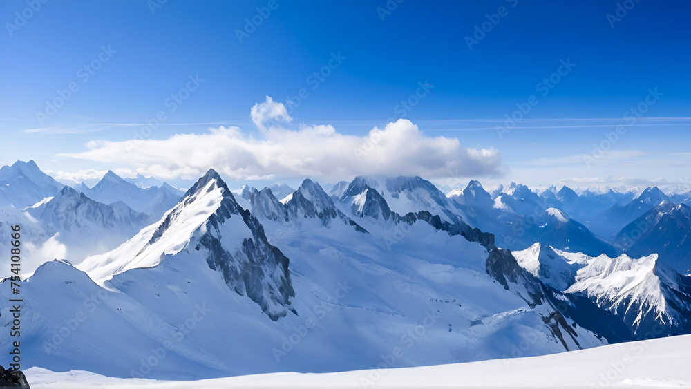 View of Snow Capped Mountain Peaks Under a Clear Blue Sky. Winter mountain with white snow peak. Snow covered mountains landscape wallpaper