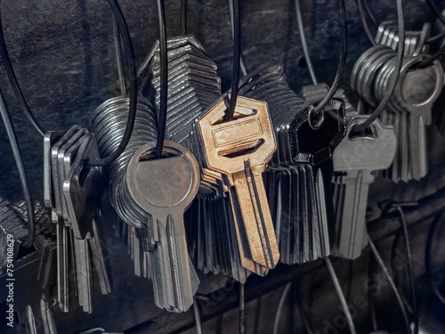 Many key chains for copy key on locksmith shop.
