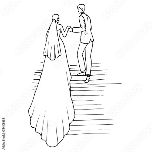 bride and groom climb the stairs, the man helps her by holding her hand. hand drawn illustration of a man in a gallant suit helping a woman in a dress with a long hem to plump up the steps of a steep