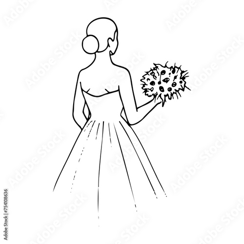 woman in a bustier wedding dress stands with her back and holds a bouquet in her hand. hand-drawn illustration in silhouette of a bride with a bouquet from the back
