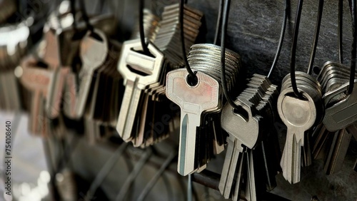 Many key chains for copy key on locksmith shop.