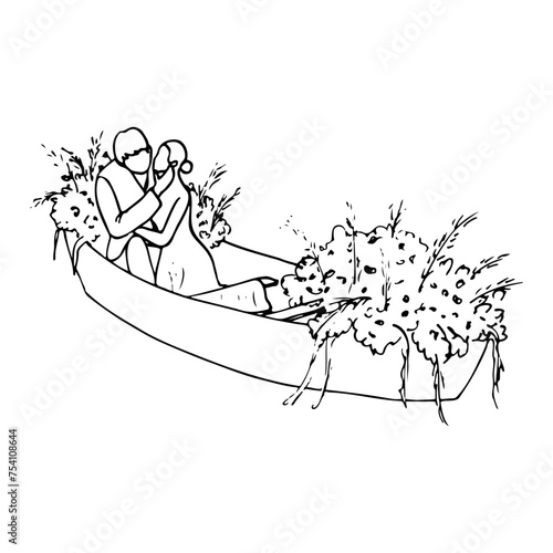 bride and groom kiss while sitting in a boat decorated with flowers. hand drawn illustration honeymoon boat trip