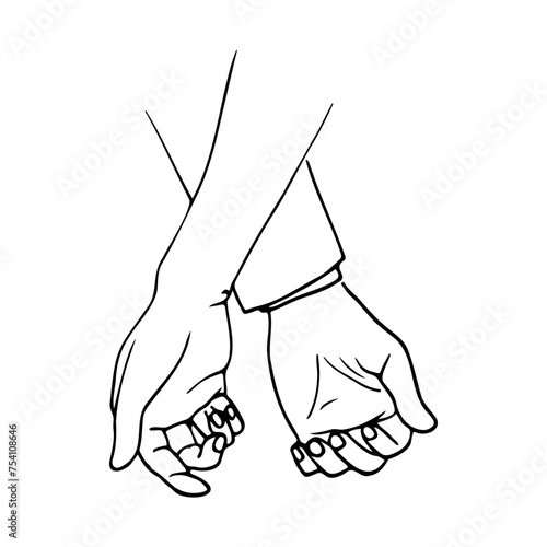 women's and men's arms are crossed, lowered down, only the forearms and hand. hand-drawn illustration in the silhouette of the hands of two lovers