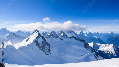 View of Snow Capped Mountain Peaks Under a Clear Blue Sky. Winter mountain with white snow peak. Snow covered mountains landscape wallpaper © spidygraphics
