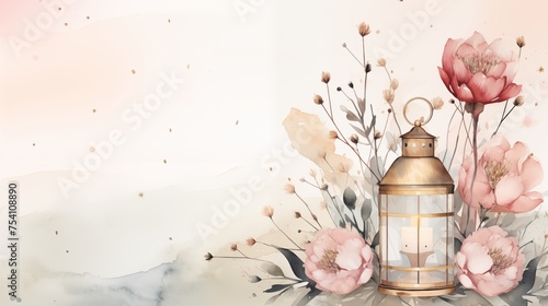 Ramadan kareem and eid fitr islamic concept background lantern illustration in watercolor painting style for wallpaper, poster, greeting card and flyer. Wedding invitation style. photo