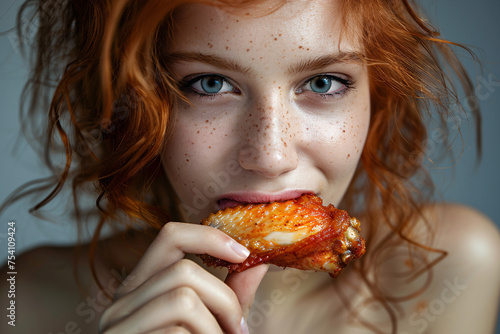 Portrait of young ginger woman enjoying chicken wing fast food