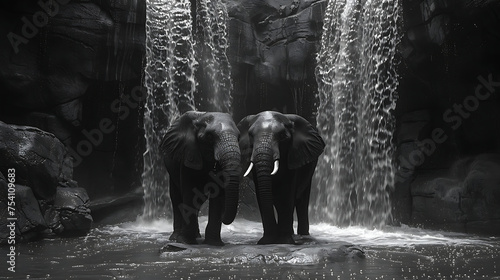 Black and white photo elephant on waterfall AI Image Generative