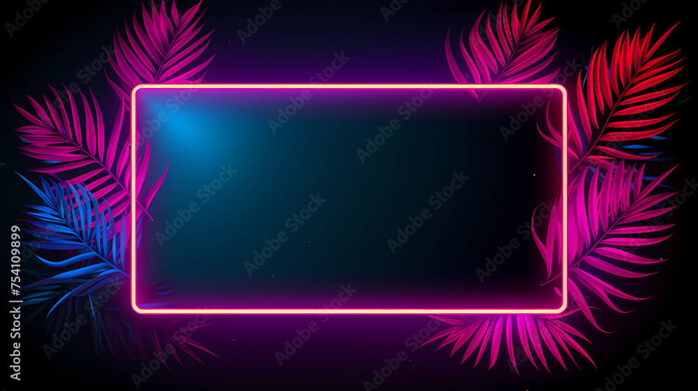 Abstract design with neon glowing frame decorated with palm leaves Abstract design with neon glowing frame decorated with palm leaves