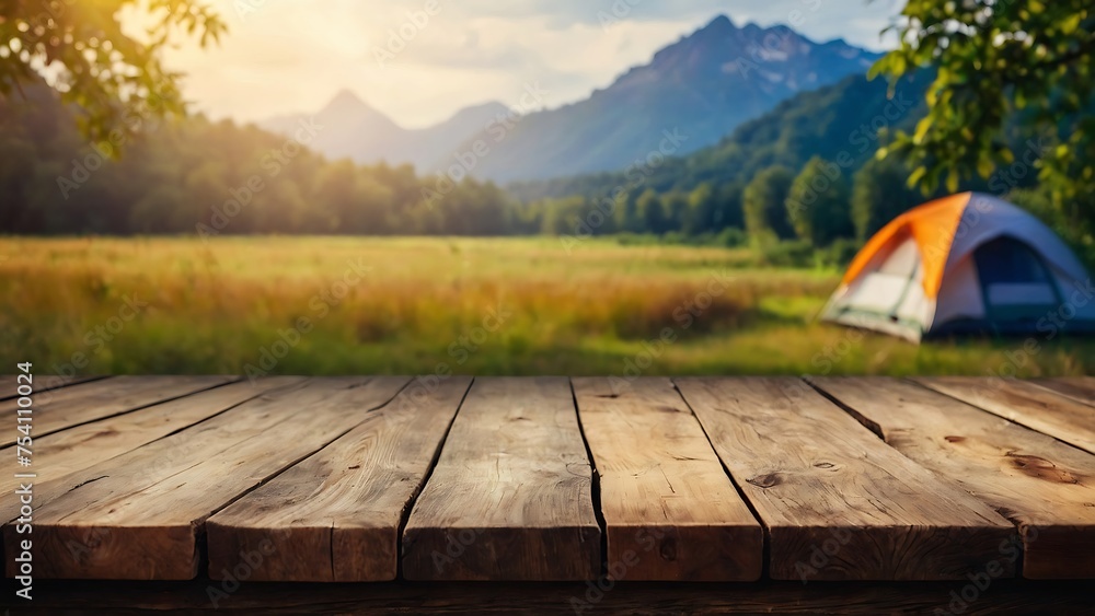 Empty wooden table with beautiful forest background, photorealistic Empty wooden table with beautiful forest background, photorealistic